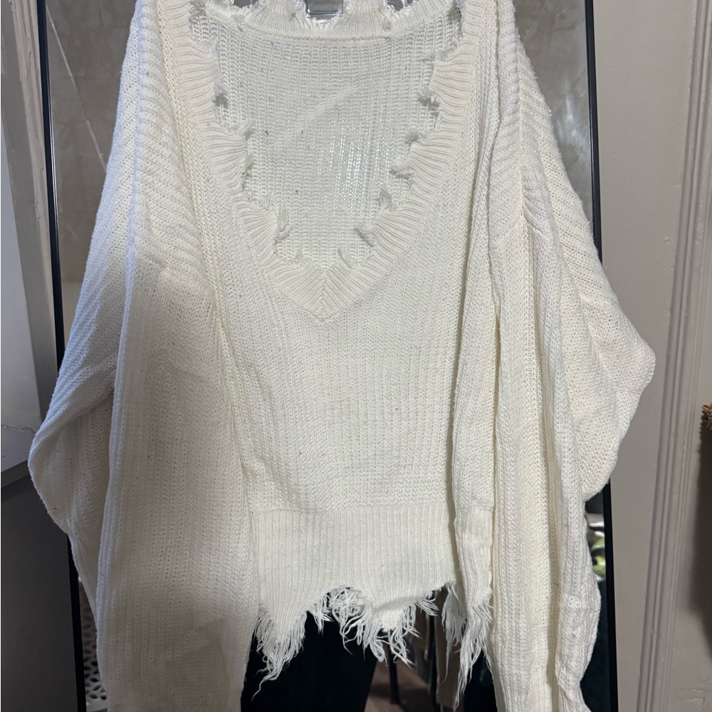 Women's Distressed V-Neck Sweater - White - Picture 2 of 4
